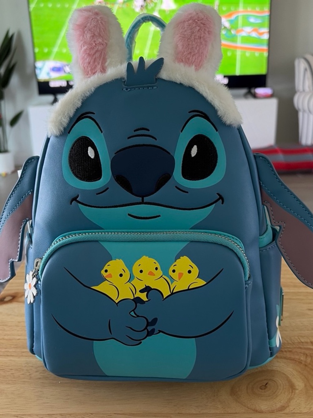 Loungefly Blue Stitch Mini Backpack with Pink Faux-Fur Ears